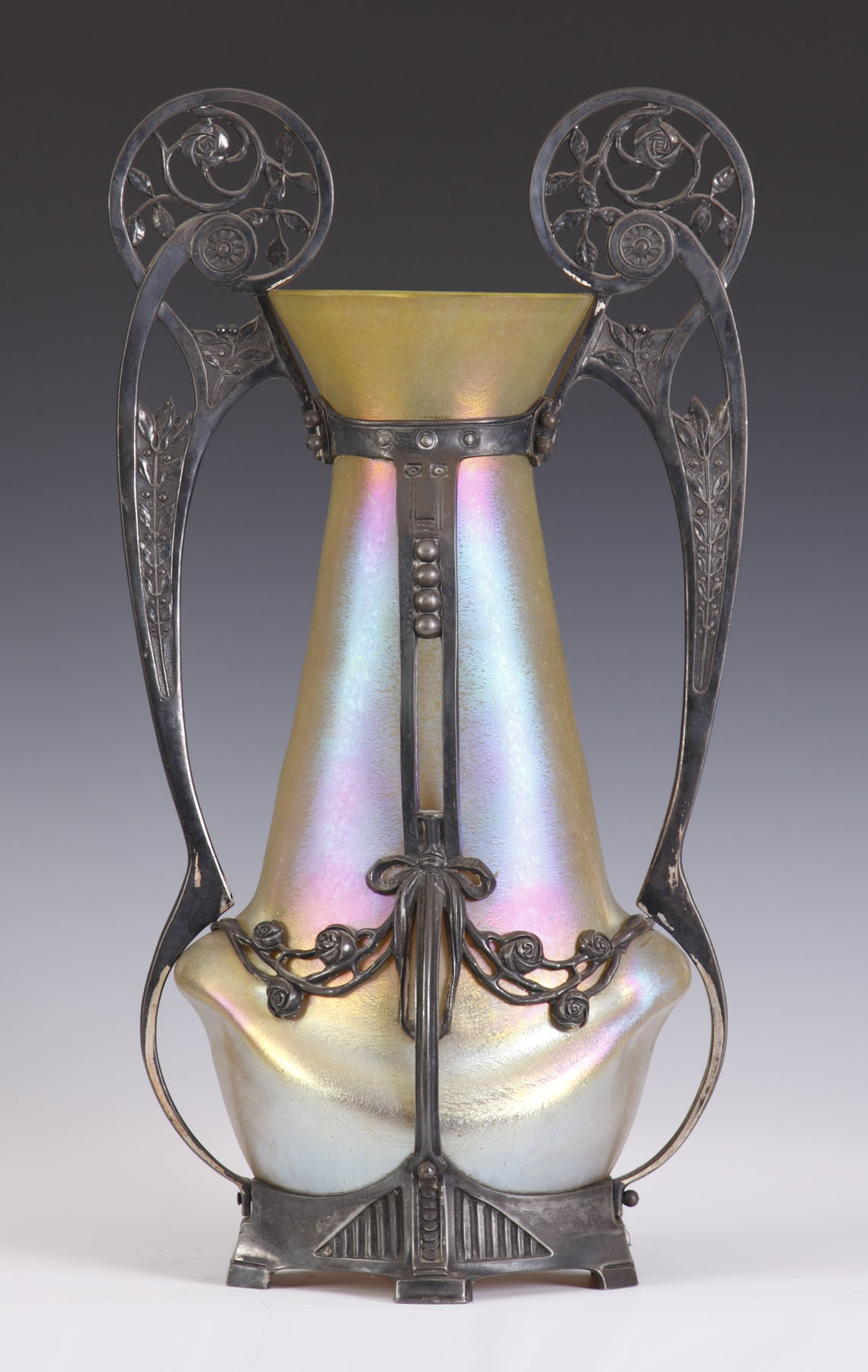 Appraisal: Monumental Loetz Gold Iridescent Vase Silver plated Art Nouveau mounts