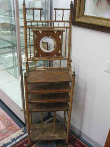 Appraisal: Victorian Bamboo Curio Shelfwith mirror pyrography decoration circa