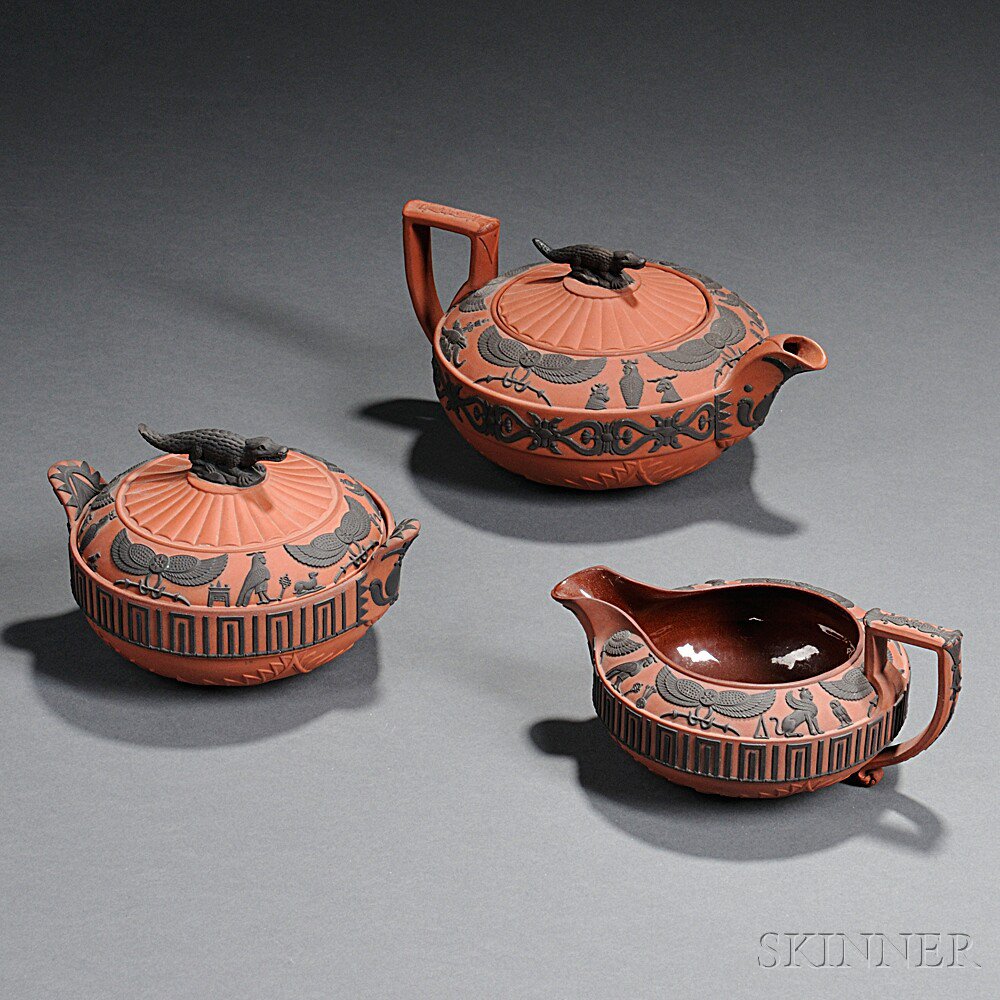 Appraisal: Three-piece Wedgwood Rosso Antico Egyptian Tea Set England th century