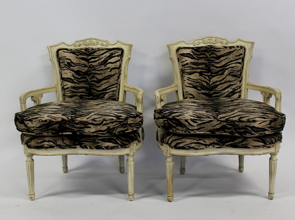 Appraisal: Pair Of Vintage Louis XV Style White Painted Arm Chairs