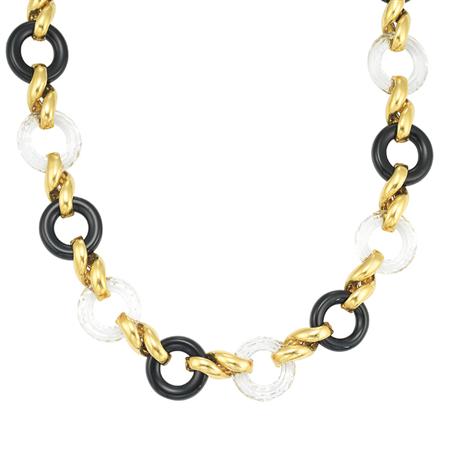 Appraisal: Gold Black Onyx and Faceted Rock Crystal Link Necklace Estimate