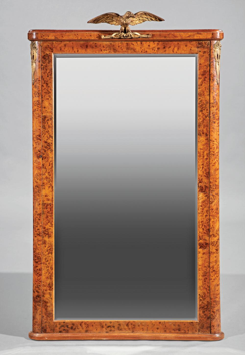 Appraisal: French Gilt Bronze-Mounted Burled Walnut Pier Mirror surmounted by spreadwing