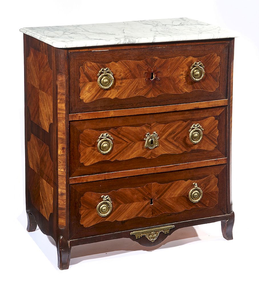 Appraisal: th th c French chest of drawers with inlay and