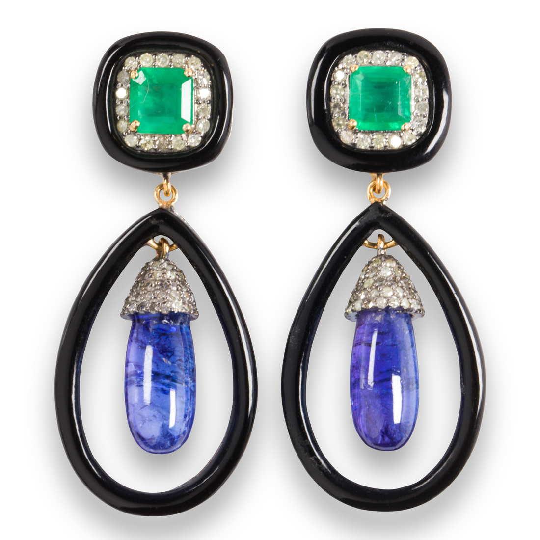 Appraisal: A PAIR OF TANZANITE EMERALD ONYX AND DIAMOND EARRINGS A