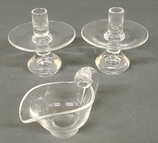 Appraisal: - Pair of Steuben glass candlesticks h and a Steuben