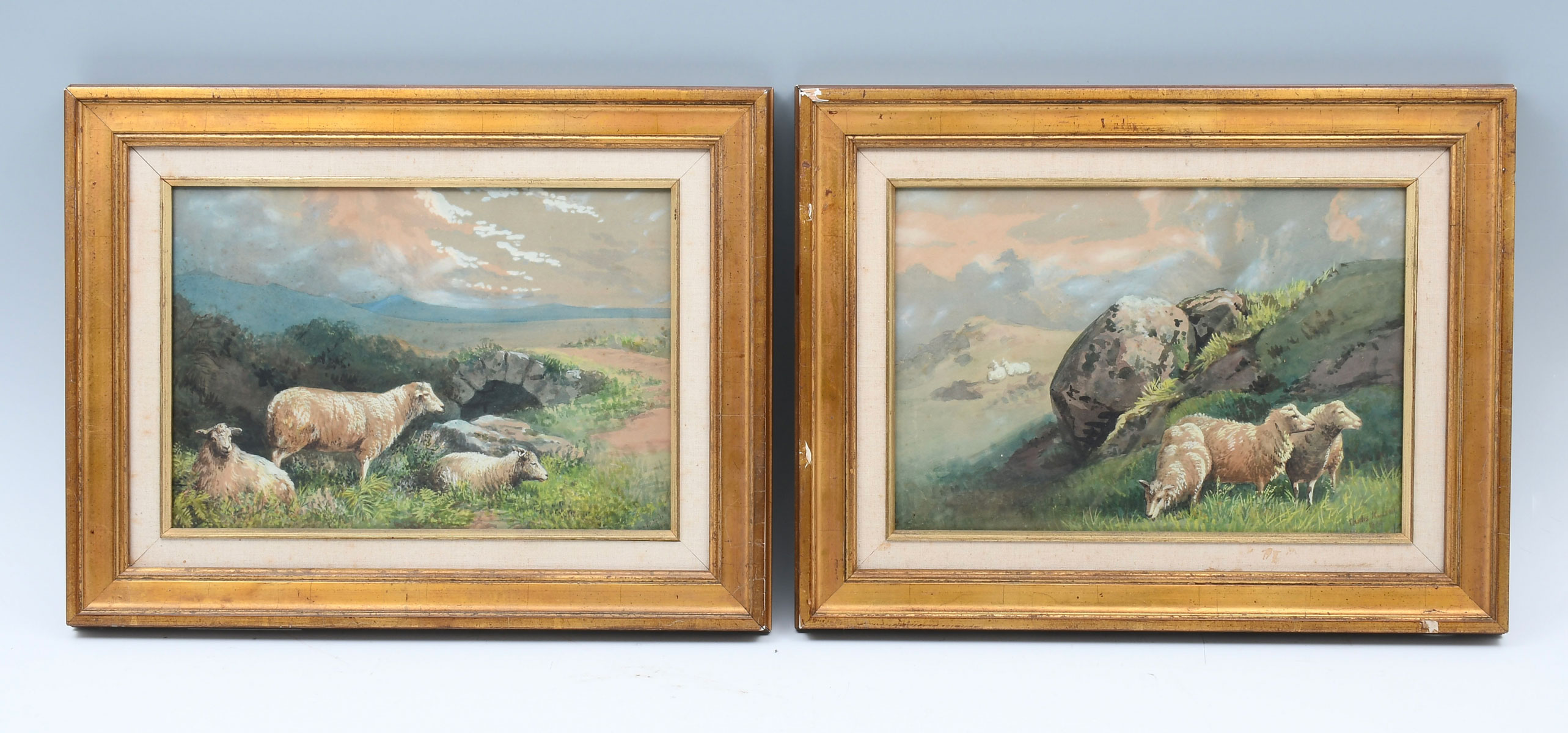 Appraisal: PAIR OF SHEEP PAINTINGS SIGNED CHARLES RUSSEL Three Sheep in