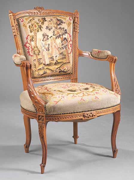 Appraisal: A Louis XV-Style Carved Walnut Needlepoint and Petit Point Fauteuil