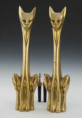 Appraisal: A Pair of Modernist Polished Brass Cat Andirons Stylized figural