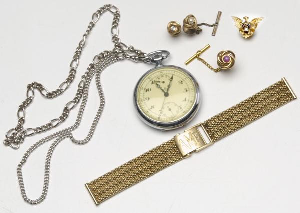 Appraisal: LEONIDAS CHRONOGRAPH GOLD WATCH STRAP AND FOUR GOLD TIE TACKS