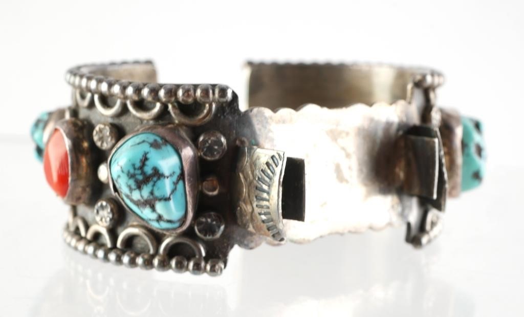 Appraisal: NAVAJO STERLING TURQUOISE WATCH CUFF BRACELETNative American sterling silver watch