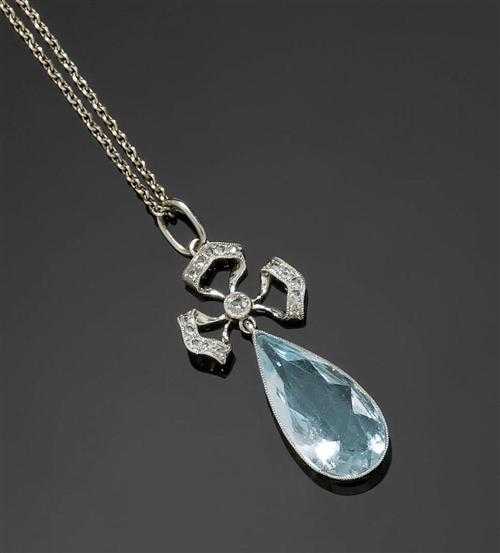 Appraisal: AQUAMARINE AND DIAMOND PENDANT ca Platinum Charming pendant of bright