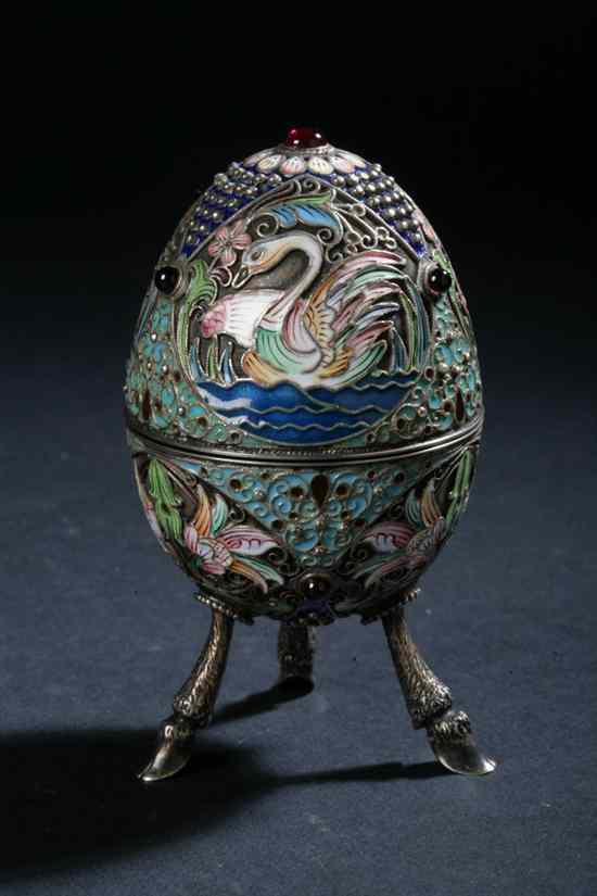 Appraisal: RUSSIAN SILVER-GILT AND ENAMEL EGG-FORM BOX Nikolay Zverev Moscow -