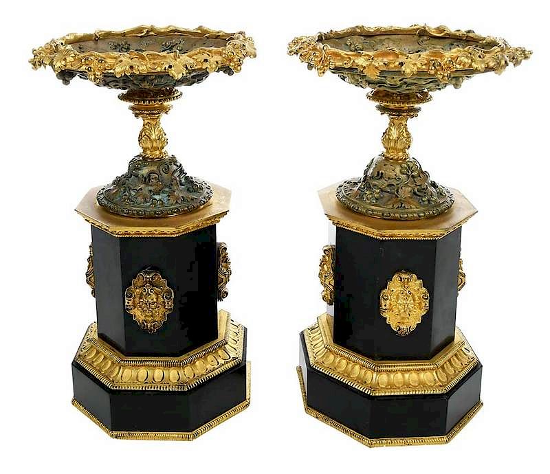 Appraisal: Pair Gilt Bronze and Marble Tazzas Continental th century fine