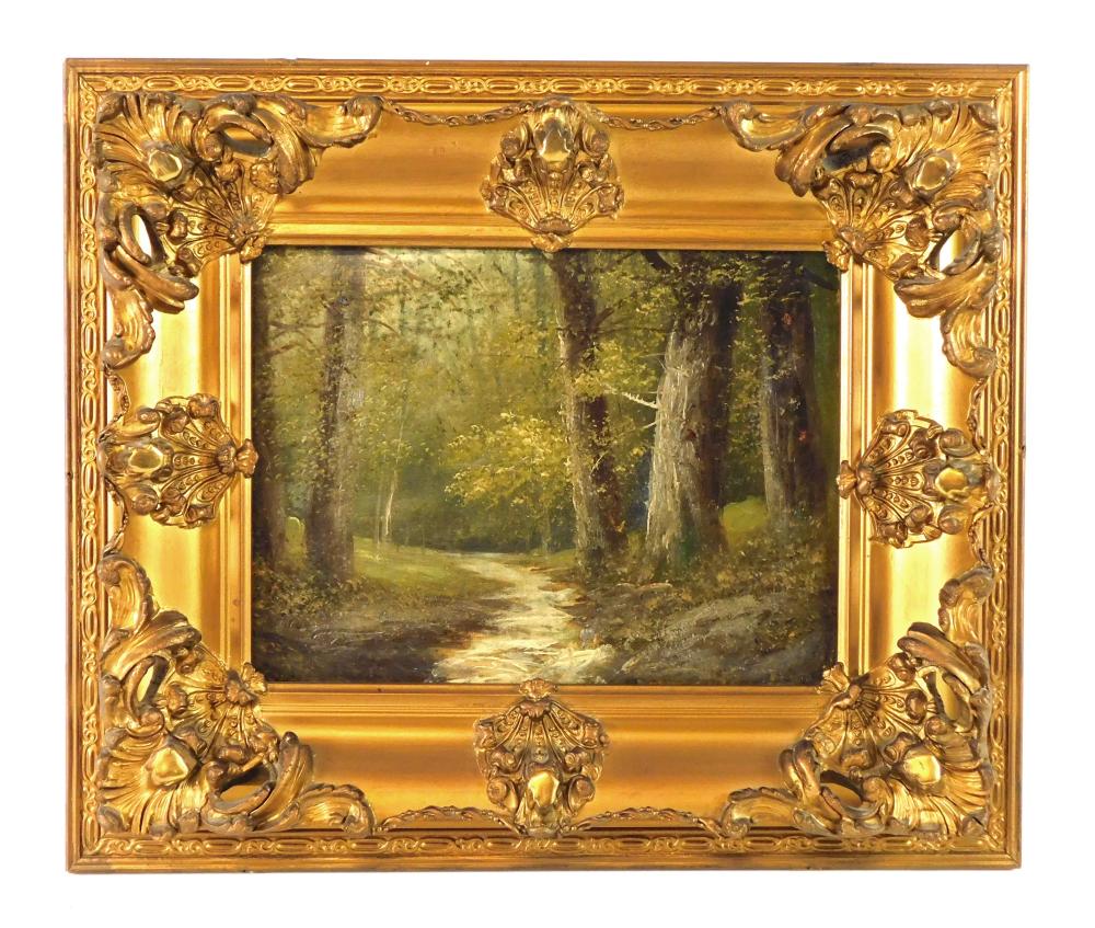 Appraisal: Unsigned forest landscape oil on canvas a small stream runs