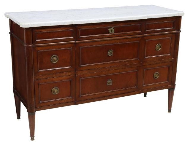 Appraisal: French Louis XVI style marble-top mahogany commode with three drawers