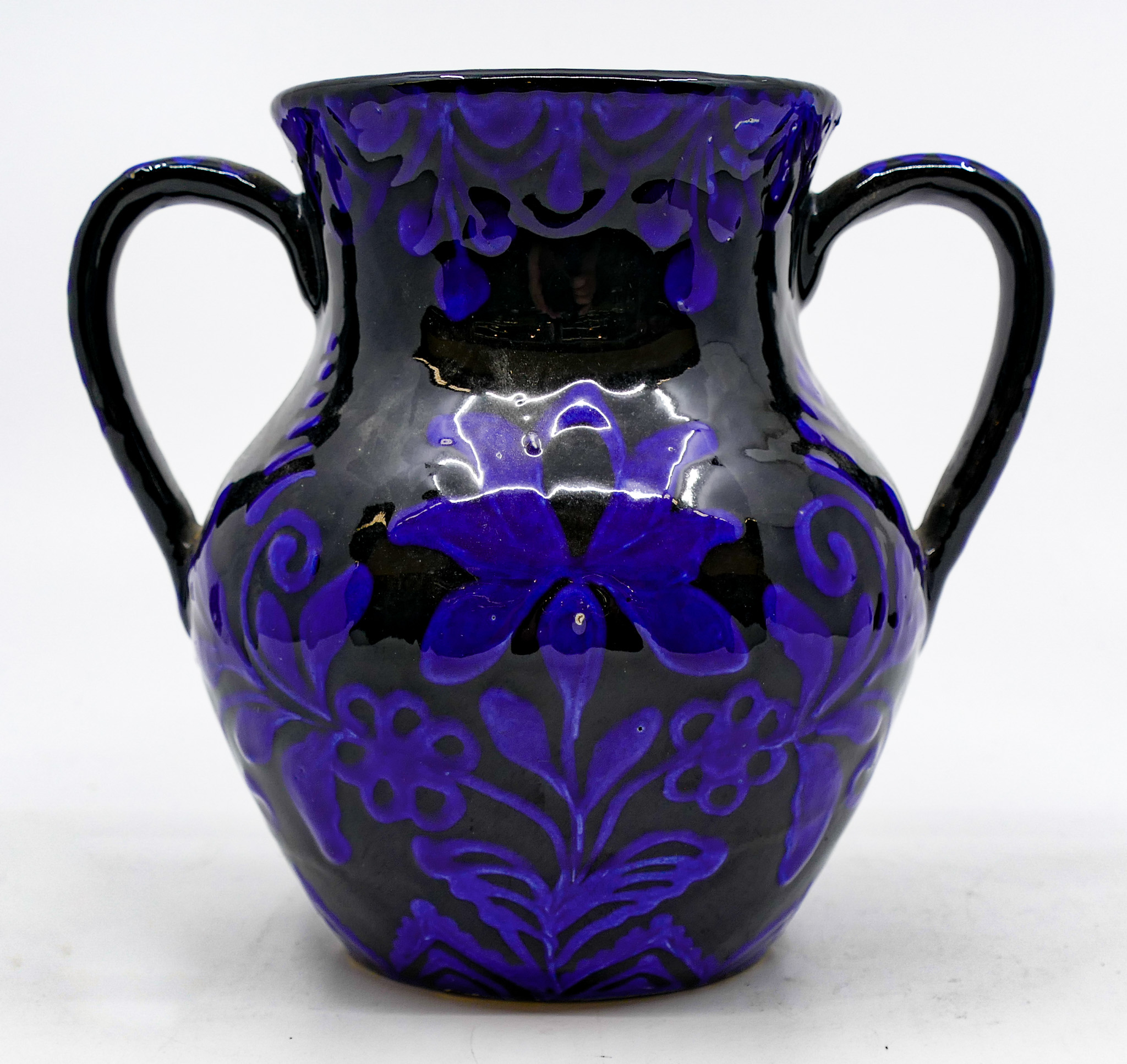 Appraisal: Hungary Black Blue Floral Pottery Handled Vase '' - Slight