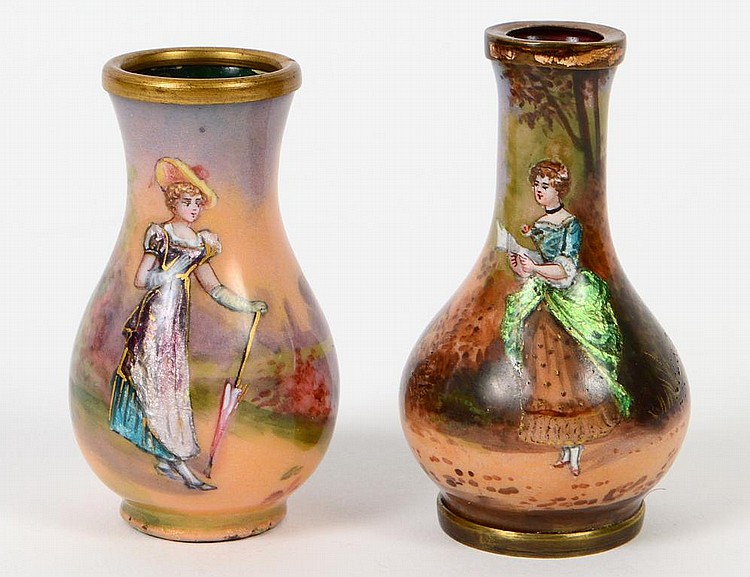 Appraisal: TWO DIMINUTIVE ENAMEL ON COPPER VASESCirca Probably Limoges Of vase