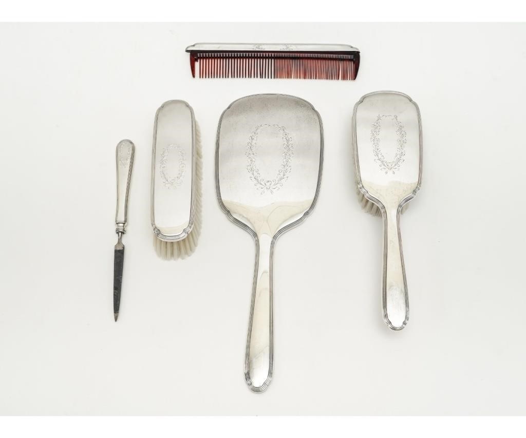 Appraisal: Five piece sterling silver dresser set to include a mirror