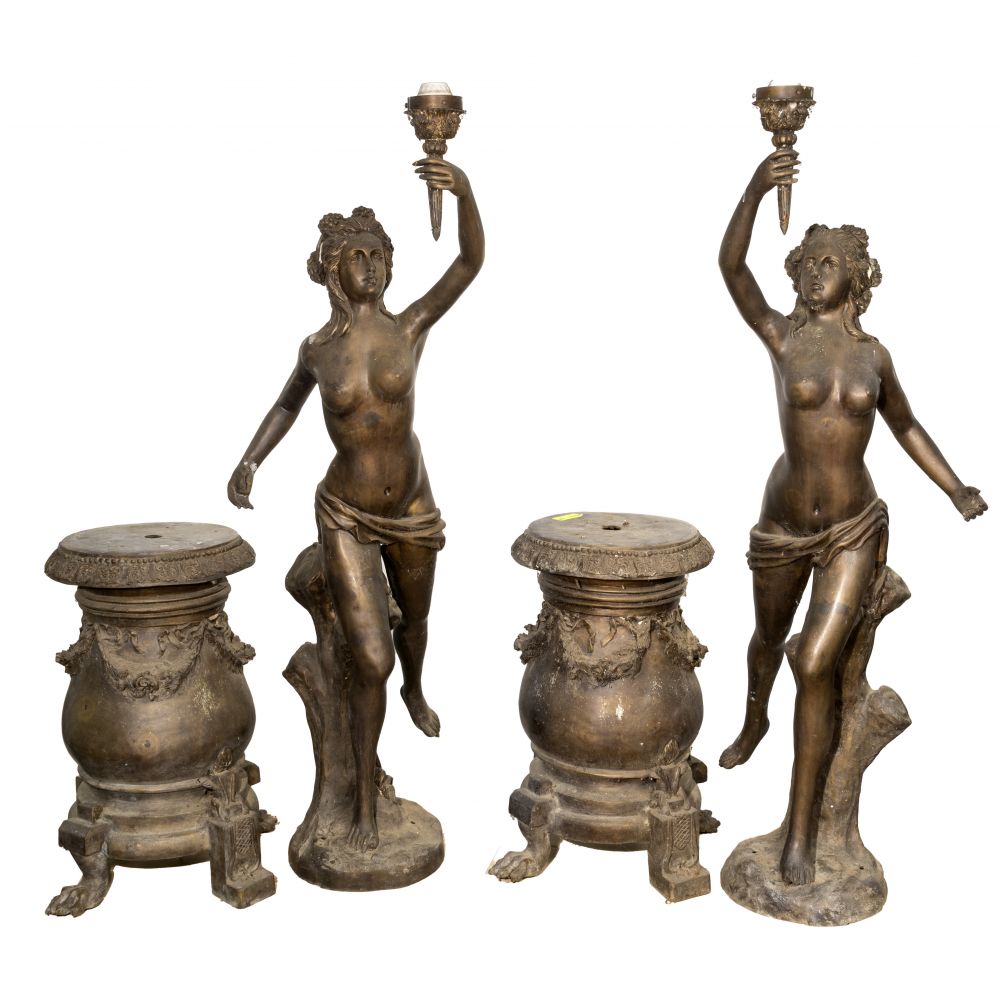 Appraisal: CAST METAL FIGURAL TORCHIERES ON STANDSMirror pair of draped nude