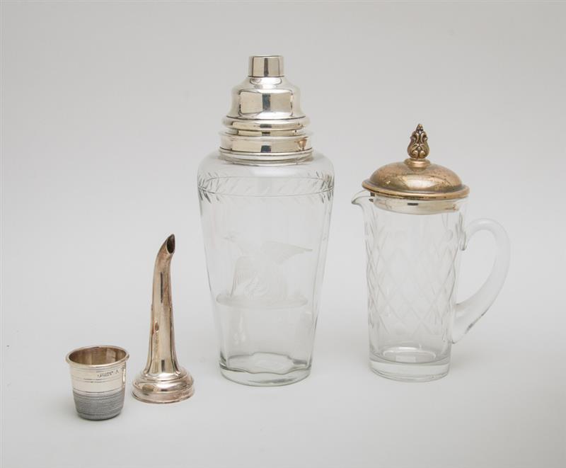 Appraisal: AMERICAN ENGRAVED GLASS SHAKER WITH SILVER-PLATED LID AND AN AMERICAN