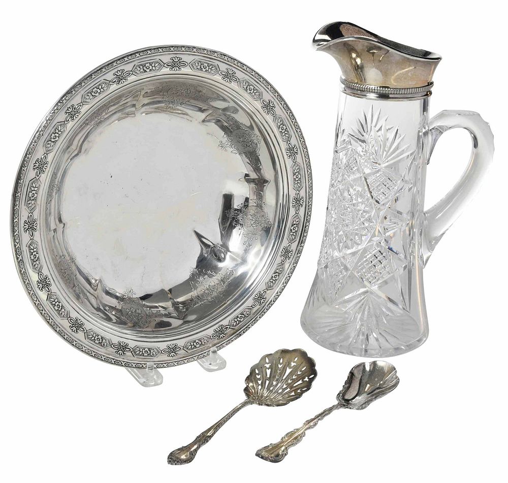 Appraisal: Four Sterling and Cut Glass Items including cut glass pitcher