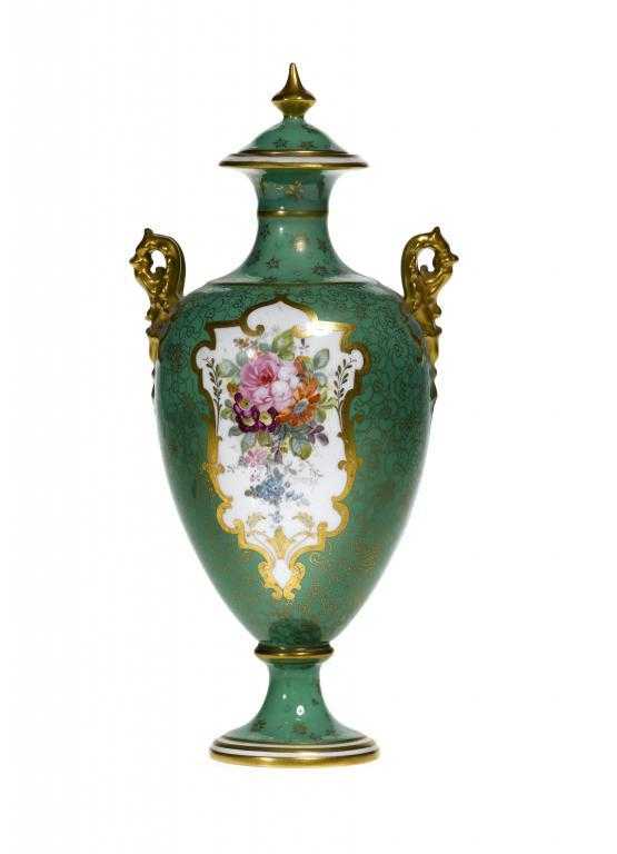 Appraisal: A ROYAL CROWN DERBY VASE AND COVER of shield shape