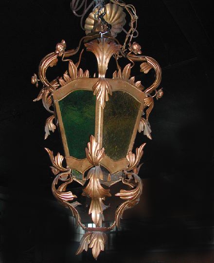 Appraisal: Spanish-Style Stamped Metal and Tinted Glass Hexagonal Hanging Lantern ca