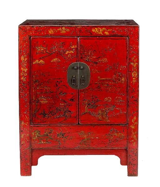 Appraisal: A Chinese red lacquered side cupboard enclosed by a pair