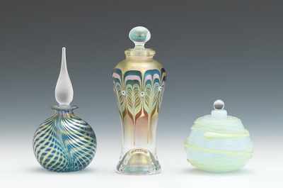 Appraisal: Three Contemporary Glass Perfume Bottles The tallest a pulled feather