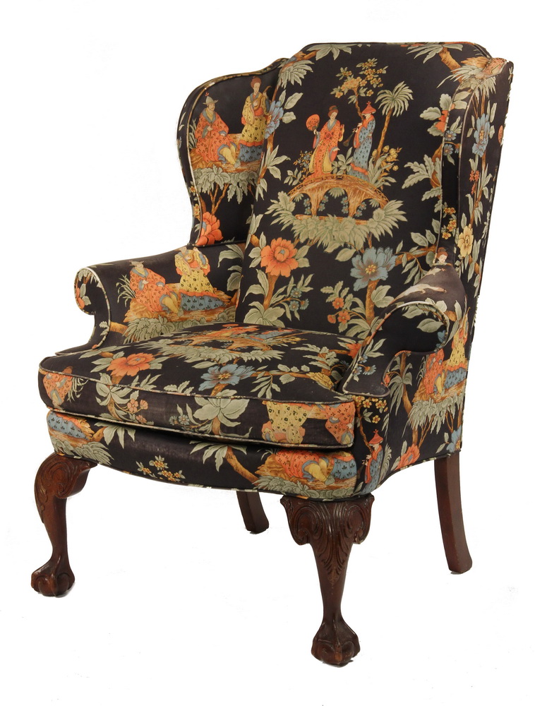 Appraisal: ASIAN THEMED WINGCHAIR - Contemporary Ball Claw Foot Chippendale Style