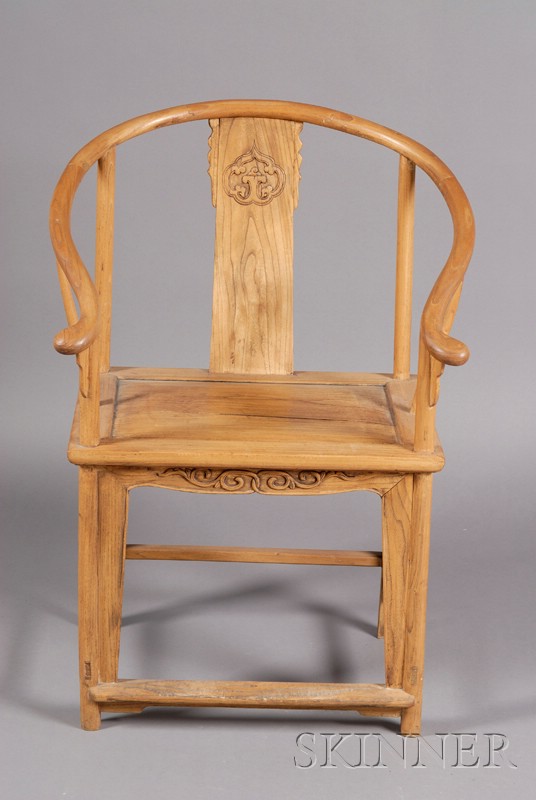 Appraisal: Set of Four Chinese Carved Elmwood Chairs th century horseshoe-shaped