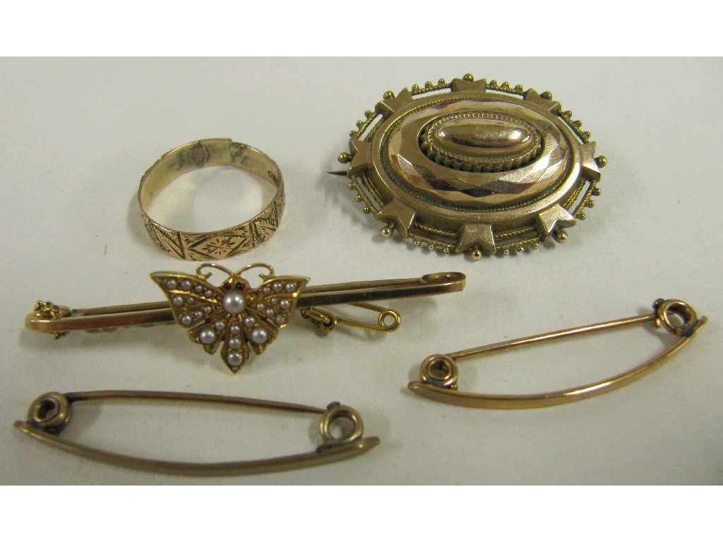 Appraisal: Lot comprising ct gold seed pearl set butterfly bar brooch