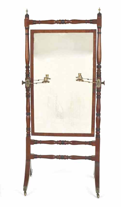 Appraisal: Regency mahogany cheval mirror ca with brass candle arms h