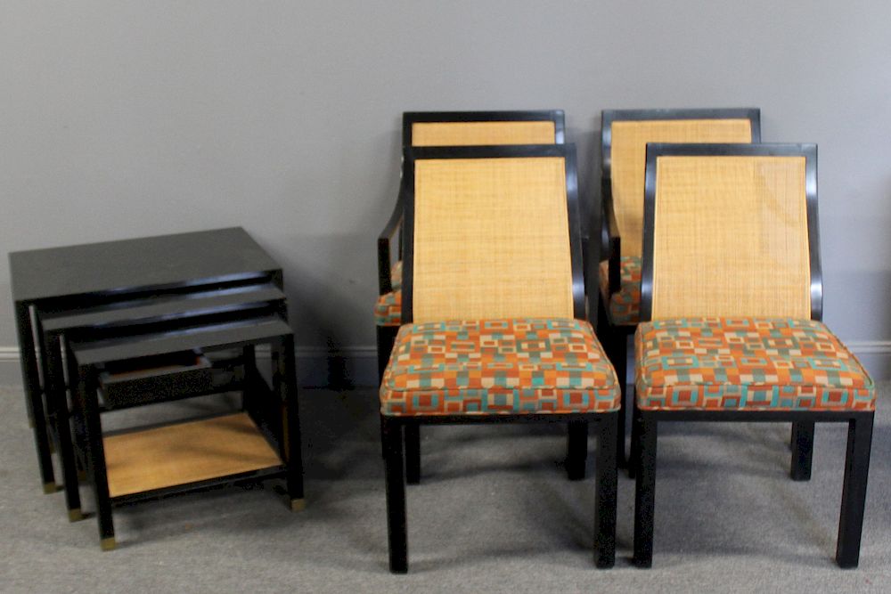 Appraisal: MIDCENTURY Black Lacquered And Caned Nesting Tables With Drawer From