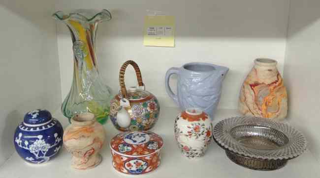 Appraisal: Misc pottery porcelain glass lot including Asian teapots covered dishes