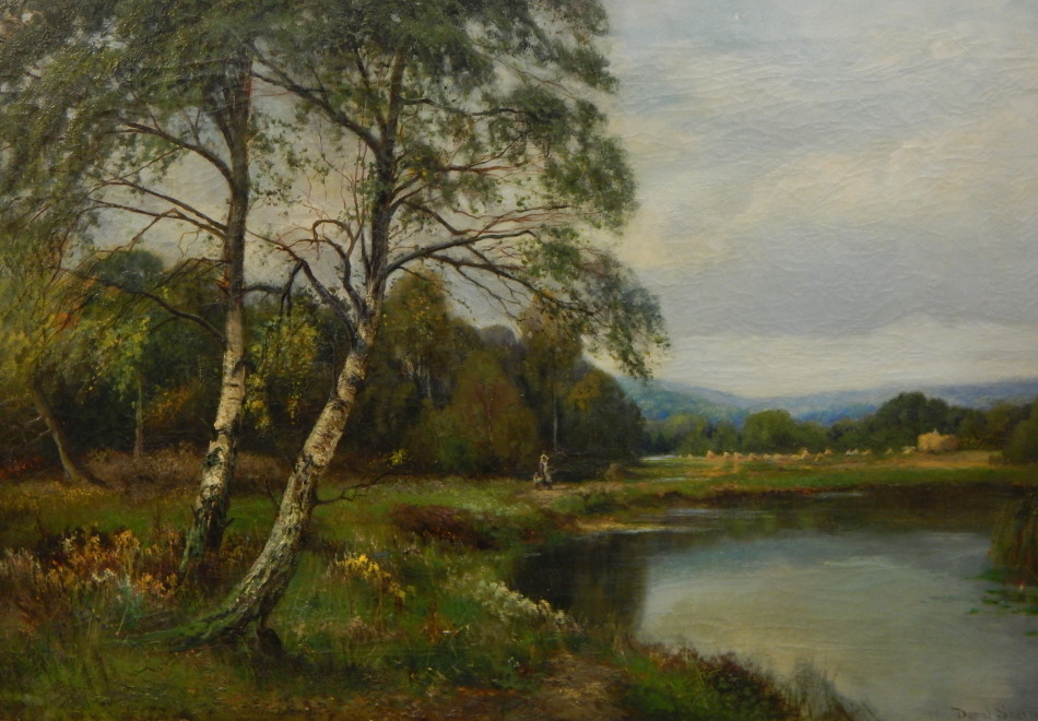 Appraisal: Danial Sherrin - River landscape with figures oil on canvas