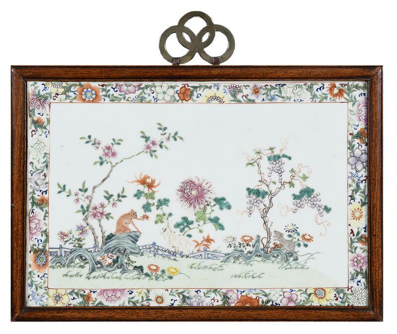 Appraisal: Chinese Famille Rose Enameled Porcelain Plaque Qing dynasty fenced garden