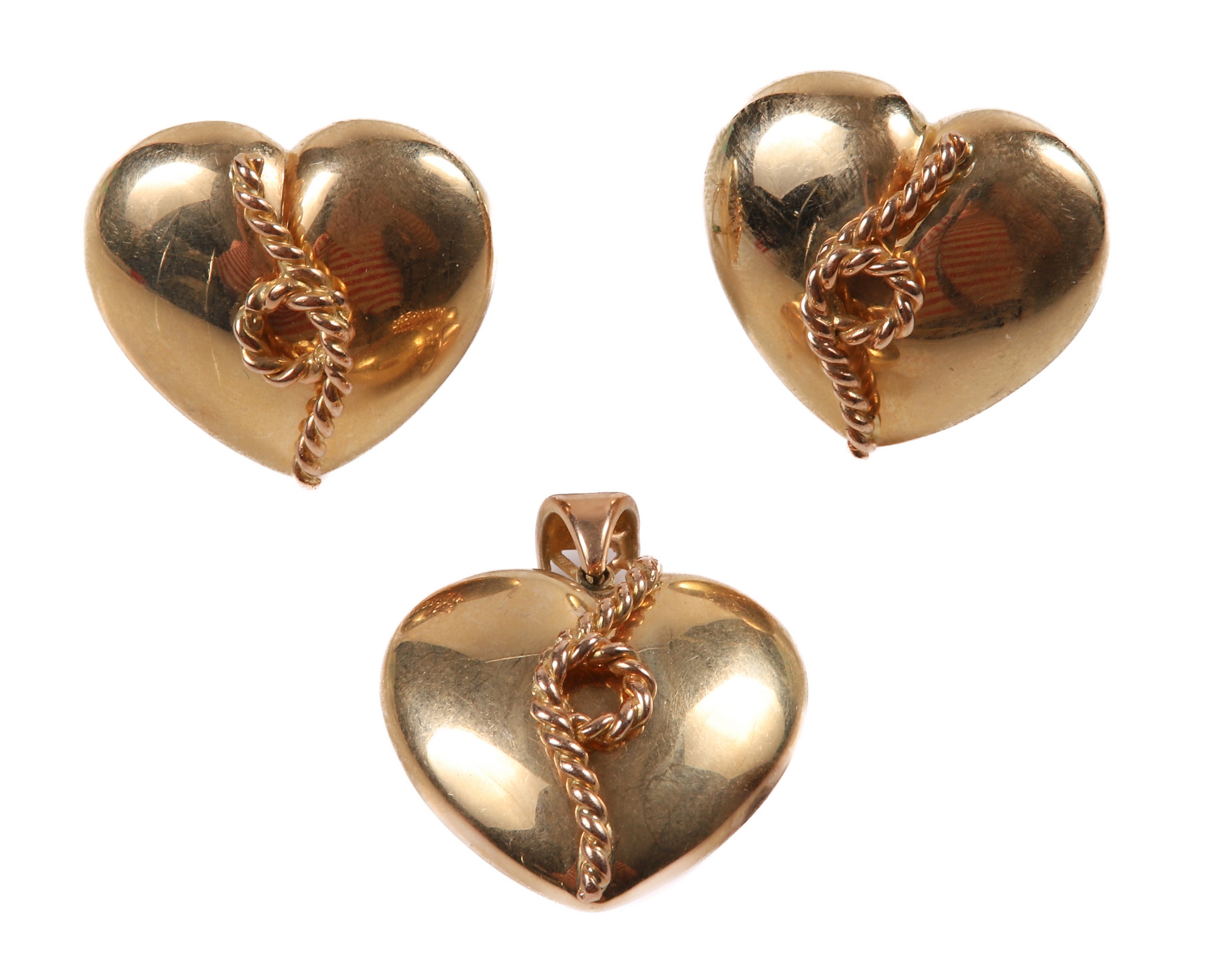 Appraisal: K heart and knot earrings and pendant Italian pillow earrings