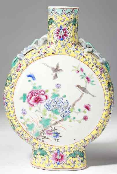 Appraisal: Chinese Porcelain Moon FlaskFamille Rose with yellow ground bird and