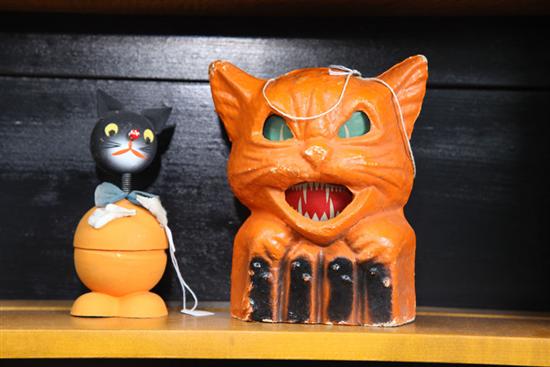 Appraisal: TWO HALLOWEEN ITEMS Paper mache cat head lantern with paper