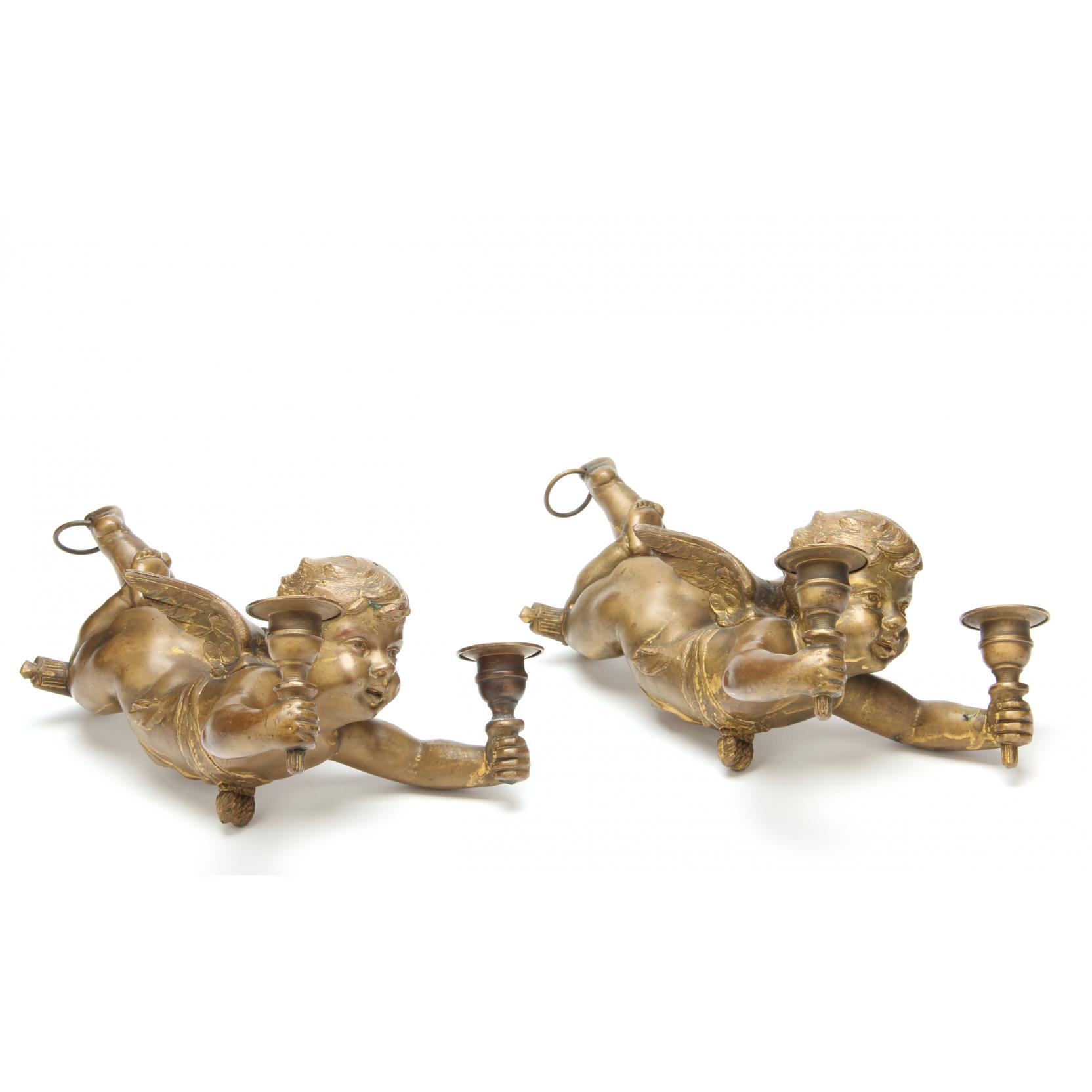 Appraisal: Pair of Antique Figural Gilt Bronze Wall Appliques in the