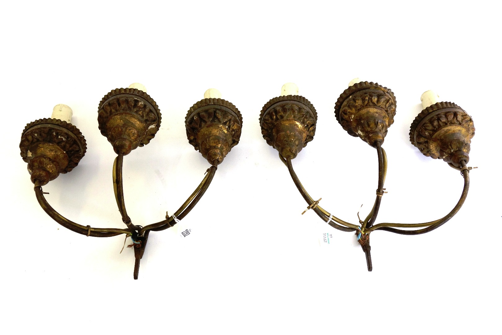 Appraisal: A pair of giltwood three branch wall lights th century