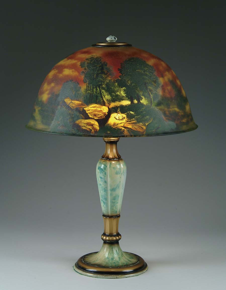 Appraisal: JEFFERSON SCENIC TABLE LAMP Beautiful domed obverse and reverse painted