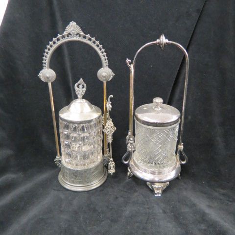 Appraisal: Victorian Silverplate Pickle Castors pattern glass inserts with tongs tall