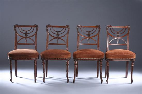 Appraisal: SET FOUR REGENCY MAHOGANY SIDE CHAIRS early th century nailed