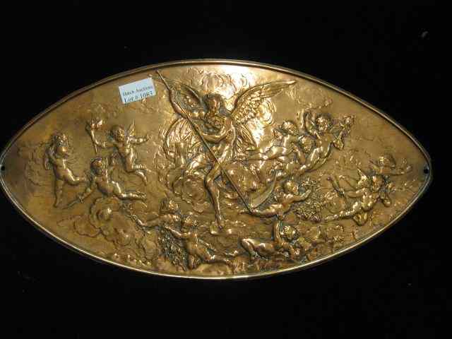 Appraisal: th Century Copper Plaque with Angels marquise shape '' x