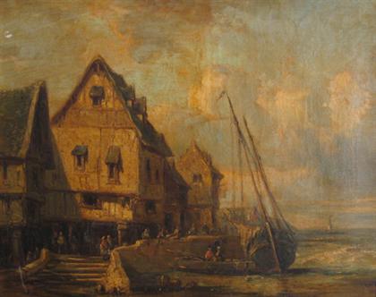 Appraisal: FRENCH SCHOOL th century HARBOUR SCENE Oil on canvas x