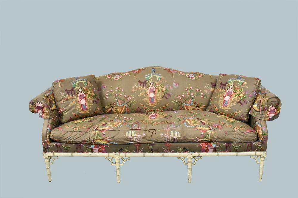 Appraisal: GEORGE III STYLE SERPENTINE-BACK PAINTED SETTEEWith painted bamboo-turned supports upholstered