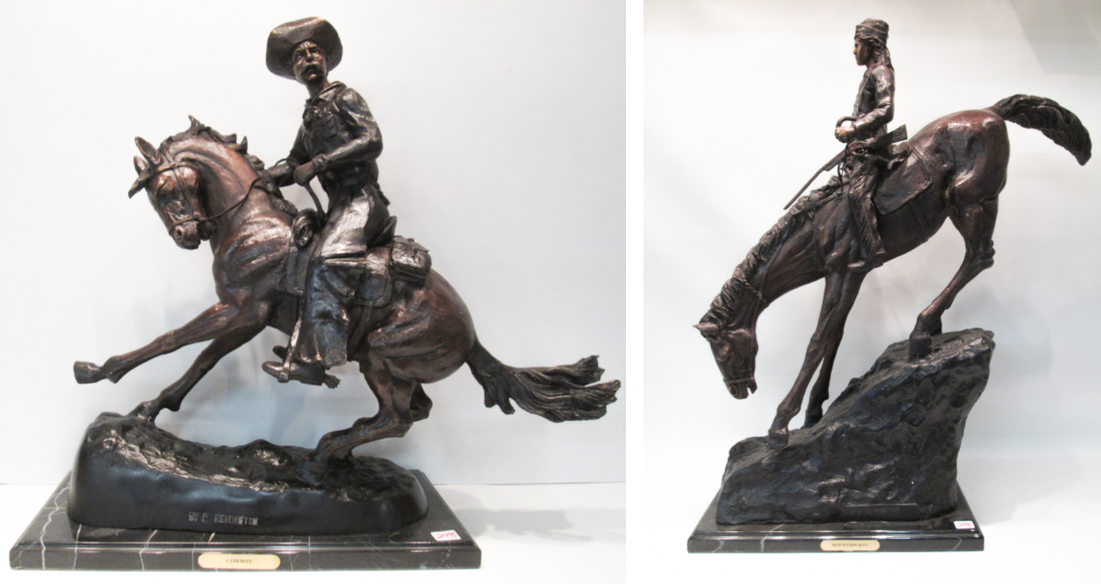 Appraisal: TWO PATINATED BRONZE SCULPTURES after Remington depicting men on horseback