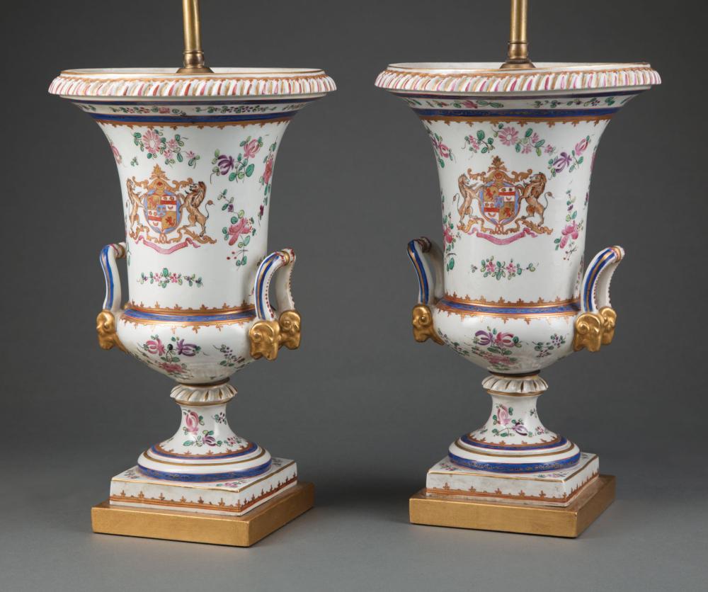 Appraisal: Pair of Chinese Export-Style Polychromed Porcelain Armorial Urns th c